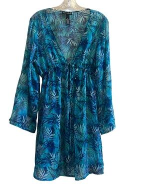 Blue Green Tropical Print Tie-Front Coverup Dress